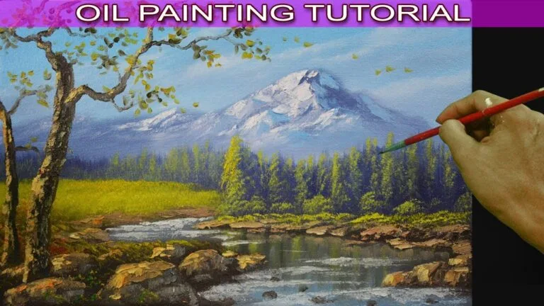 Oil Landscape Painting Tutorial Running Shallow River from Snowy Mountain using Palette Knife