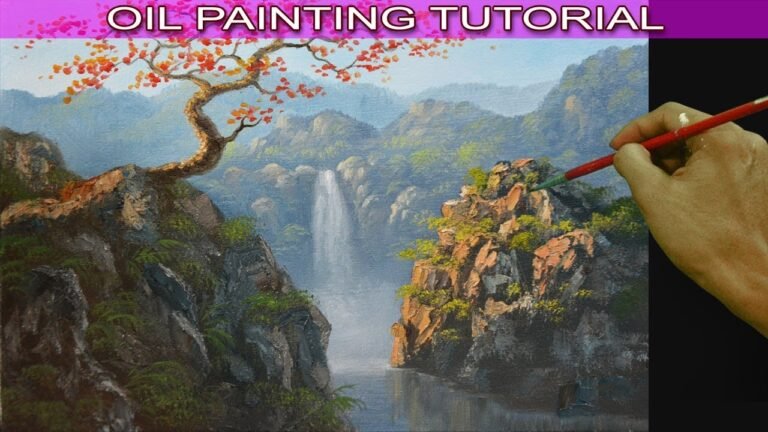 Oil Landscape Painting Tutorial Autumn Red Tree on Top of Rocky Cliff with Waterfall by JM Lisondra