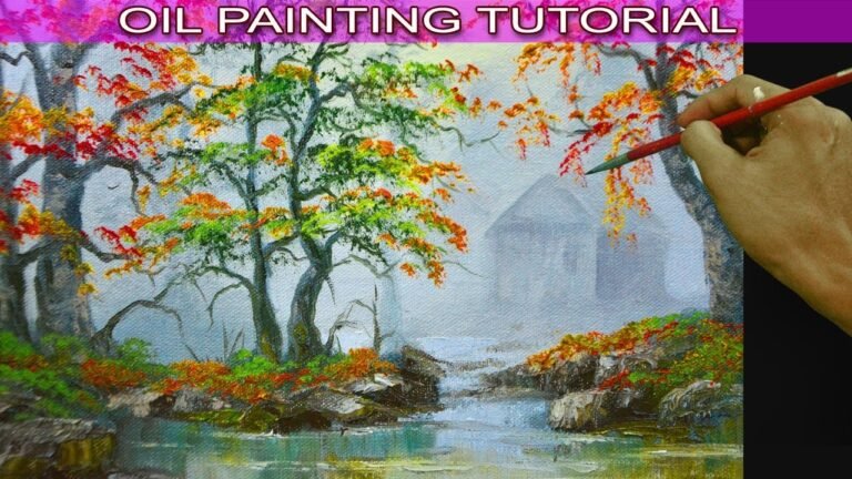 Oil Landscape Painting Tutorial Barn in Misty Autumn Forest with River using Palette Knife