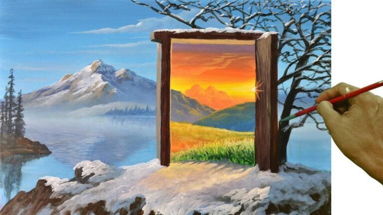 Acrylic Landscape Painting Lesson - Winter Landscape with a Door to Sunset