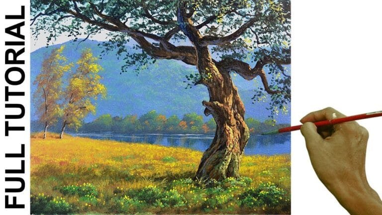 Acrylic Landscape Painting TUTORIAL / Golden Field with Big Tree / JMLisondra