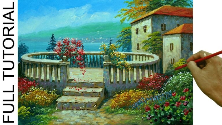 Acrylic Landscape Painting TUTORIAL / Sunny Day on Italian Villa and Flower Garden / JMLisondra