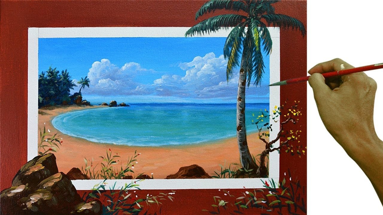 Acrylic Landscape Painting Tutorial | 3D Tropical Beach with Palm Trees ...