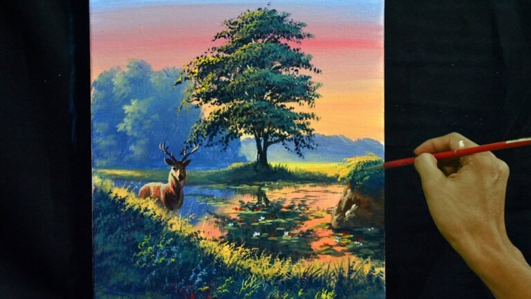 Acrylic Landscape Painting Tutorial | Deer in the Lake