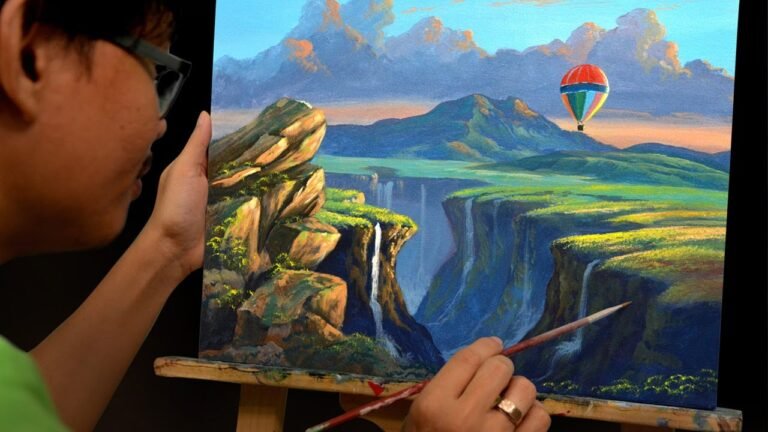 Acrylic Landscape Painting Tutorial / Hot Air Balloon on Waterfall Valley