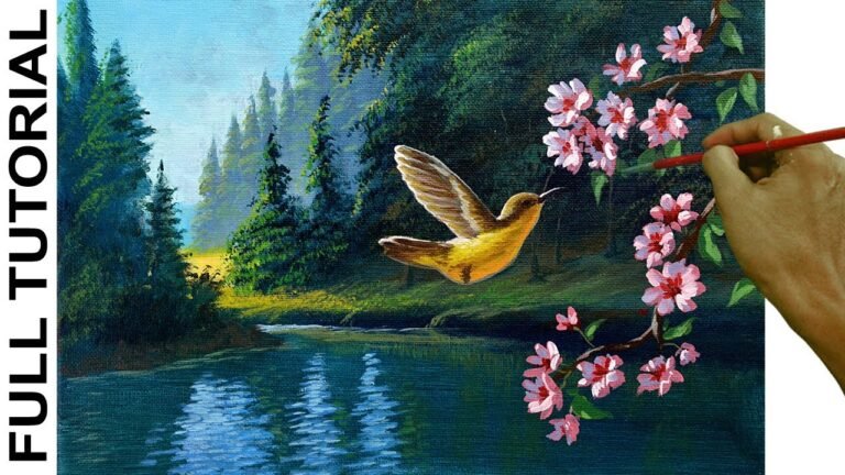 Acrylic Landscape Painting Tutorial / Humming Bird and Cherry Blossom