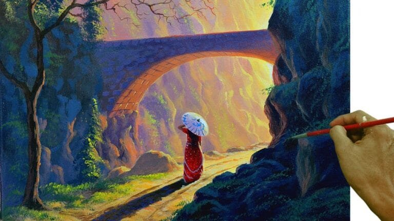 Acrylic Landscape Painting Tutorial / Lady in Red with Umbrella / Step by Step Painting
