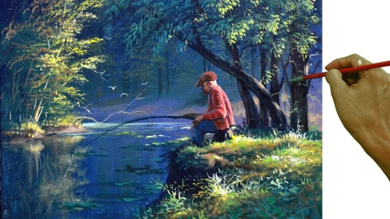 Acrylic Landscape Painting Tutorial / Old Man Fishing on the River in Forest