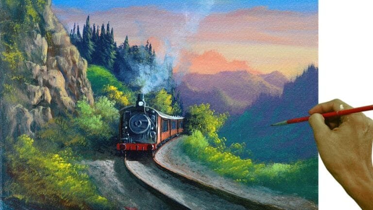 Acrylic Landscape Painting Tutorial / Old Steam Train in the Mountain