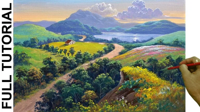 Acrylic Landscape Painting Tutorial / Overlooking Dirt Road to Lake / JMLisondra