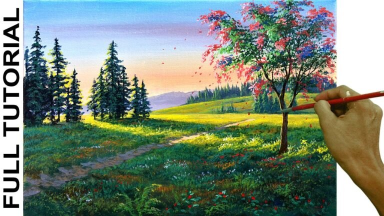 Acrylic Landscape Painting Tutorial / Pink Flowering Tree in Spring / JMLisondra