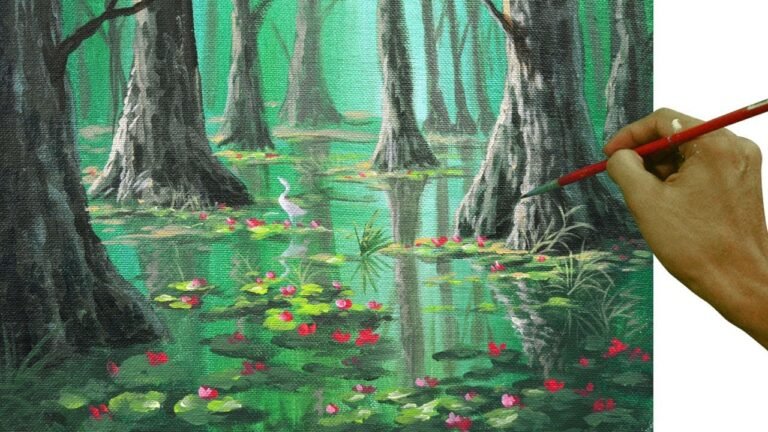 Acrylic Landscape Painting Tutorial Swamp in the Forest with Water Lilies and White Birds