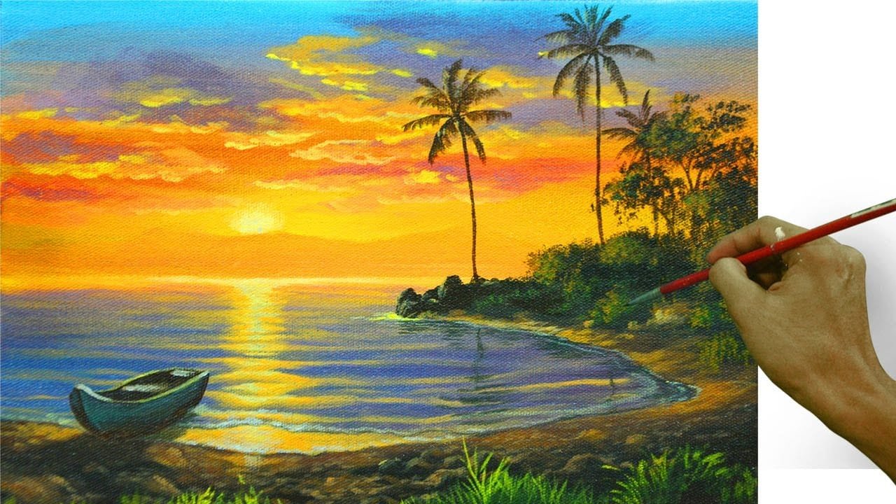 Acrylic Landscape Painting in Time-lapse / Tropical Sunset Beach with ...