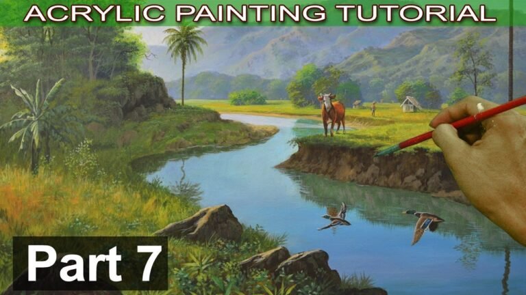 Acrylic Landscape Painting on Bigger Canvas | Adding Wildlife like Cow and Wild Ducks | Part 7