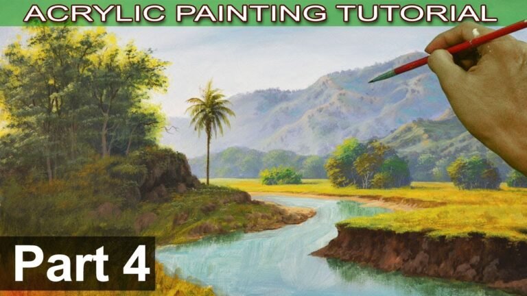 Acrylic Landscape Painting on Bigger Canvas | How to paint Trees, Bushes and Coconut Tree | Part 4