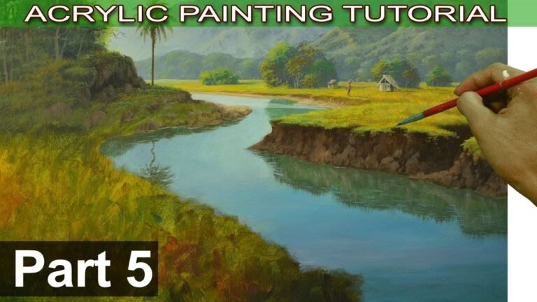 Acrylic Landscape Painting on Bigger Canvas | Water Reflections in River and Houses | Part 5