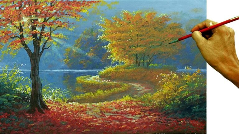 Acrylic PAINTING TUTORIAL on How to Paint Autumn Morning in Lake