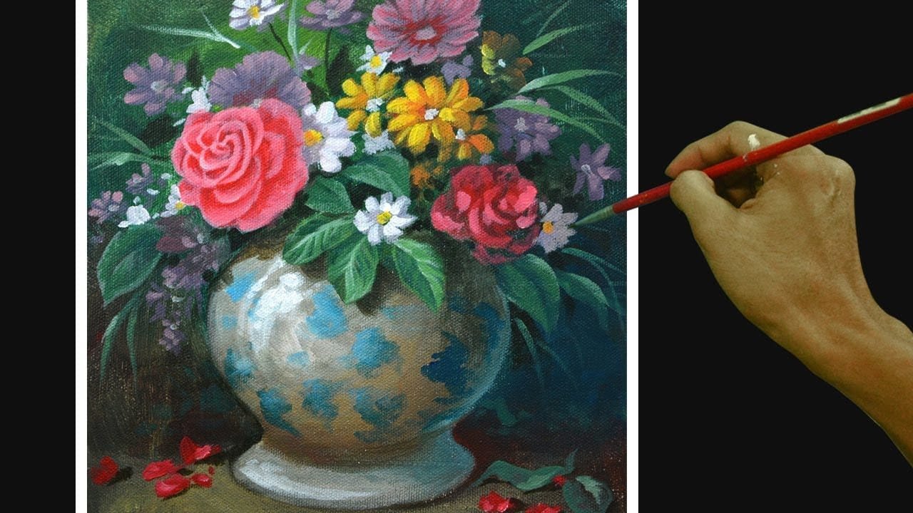 Acrylic Painting Tutorial Still Life with Flowers on Flower Vase Easy ...