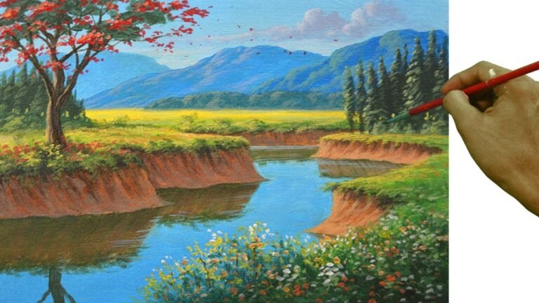 Acrylic Painting Tutorial on How to Paint Basic to Realistic Landscape with Fire Tree and River