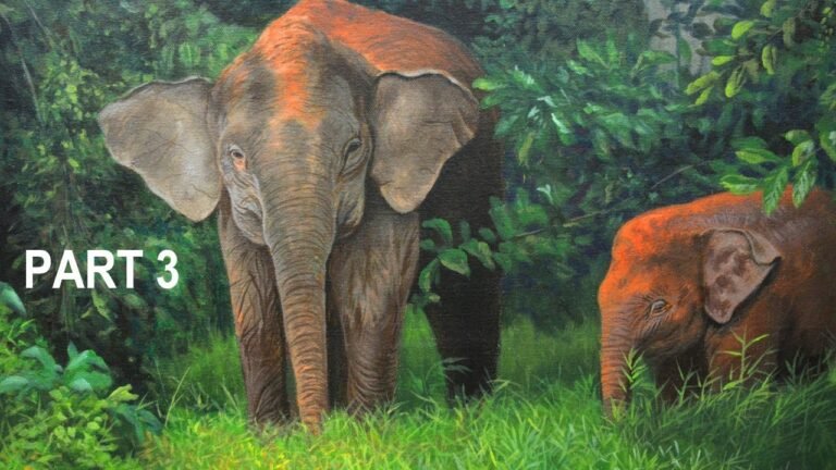 Commissioned Acrylic Painting Mother and Baby Pygmy Elephant in Forest Landscape Part 3