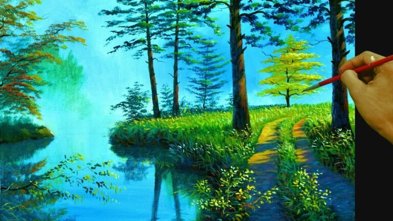 HOW TO PAINT Landscape View with Pathway Near the River in Acrylic | Full Painting Tutorial