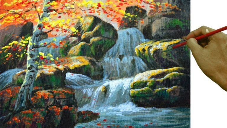 HOW TO PAINT Landscape with Autumn Birch Tree with Waterfalls in Acrylics