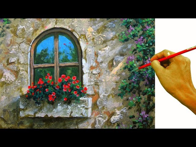 HOW TO PAINT Old Brick House Window with Flowers using Palette Knife in Acrylics