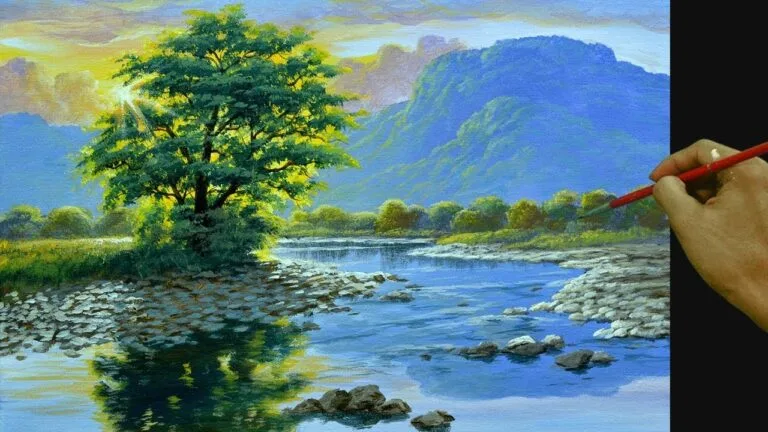 HOW TO PAINT Realistic Landscape with Sunlight shines on the River in Acrylics