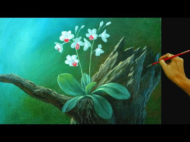 HOW TO PAINT Realistic Orchid Plant with Flowers on old Tree Trunk in Acrylics