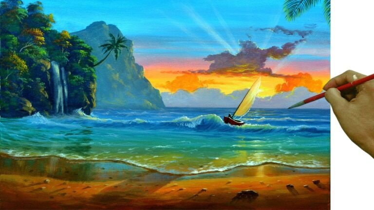 HOW TO PAINT Realistic Sunset Beach with Sailboat and Crashing Waves in Acrylics