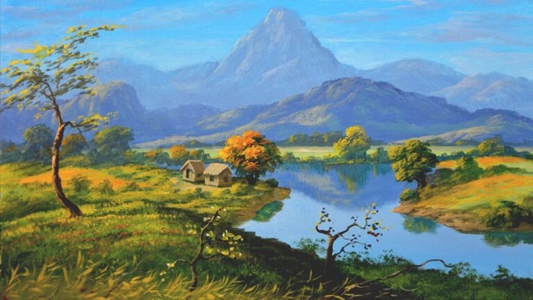 How to Paint Beautiful Landscape with River, Fields and Mountains in Acrylic