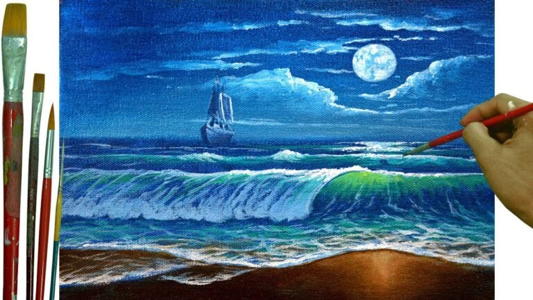 How to Paint Moonlight over Beach with Crashing Waves and Ship in Acrylic