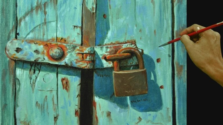 How to Paint Realistic Old Rustic Padlock on Blue Door in Acrylic