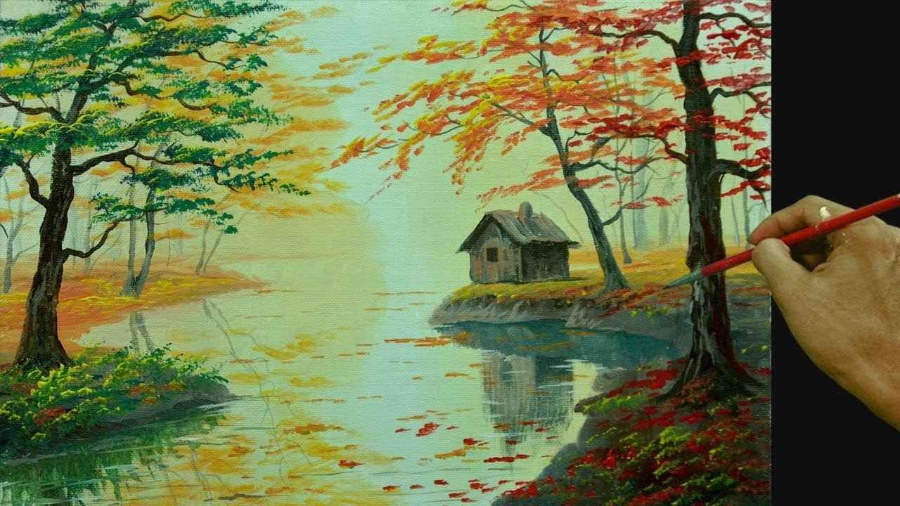 How to Paint an Old Barn in Autumn Forest Beside the River using ...