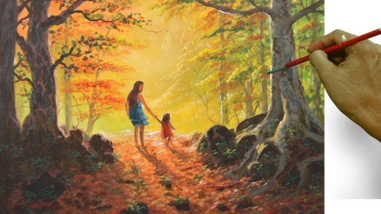 Mother and Child Walk in the Autumn Forest | Acrylic Landscape Painting Tutorial