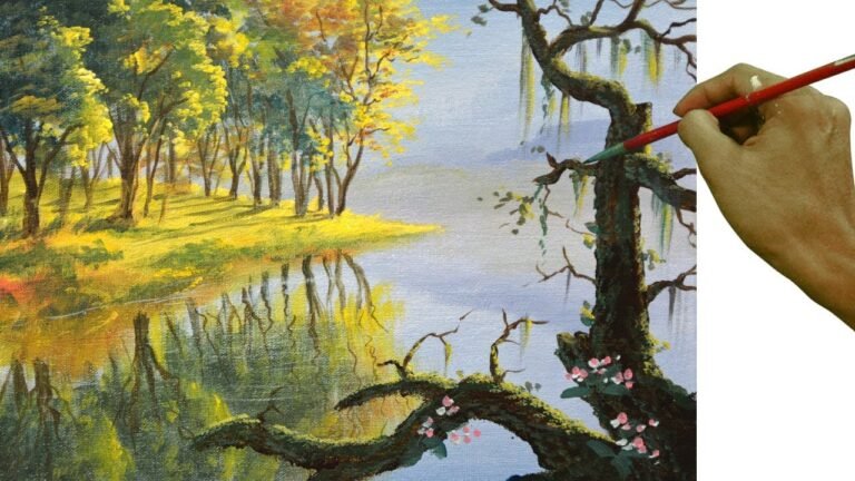 Painting Tutorial on How to Paint Clear Lake with Autumn Forest and Old Tree in Acrylic