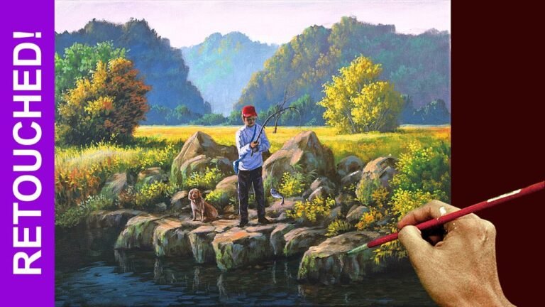 Retouching and Improving an Old Painting using Acrylics / Rocky Riverbank with Fisherman and a Dog