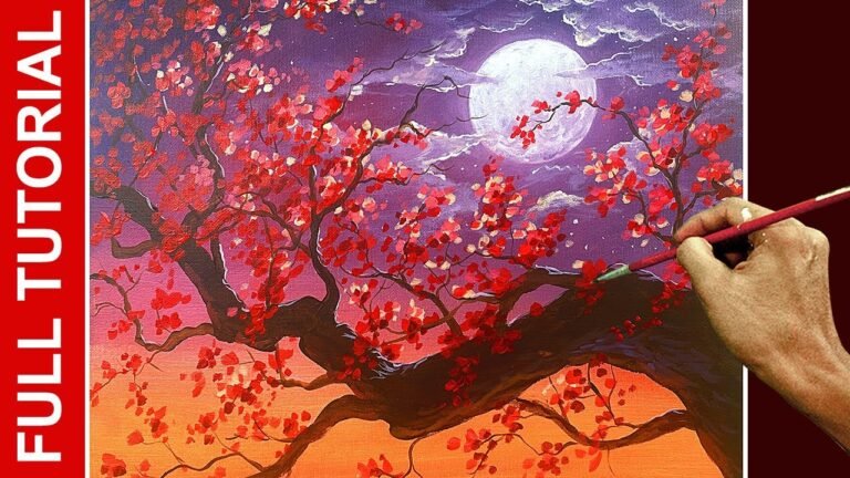 Tutorial : How to Paint Cherry Blossoms on Moon Rise in Acrylics / JMLisondra