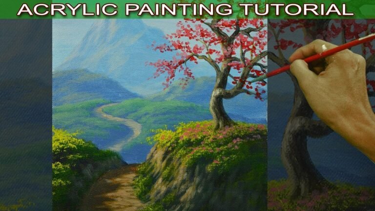 Acrylic Landscape Painting Tutorial Autumn Cherry Tree on Top of Mountain by JM Lisondra