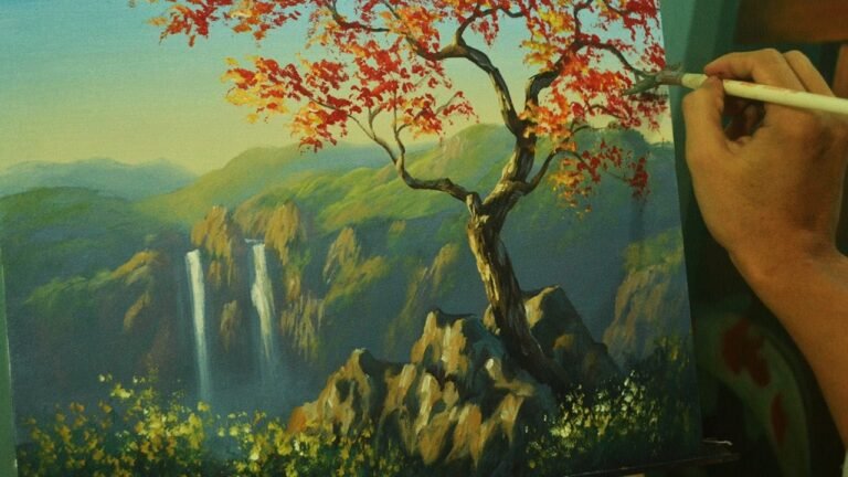 Acrylic Landscape Painting Tutorial - Autumn Red Tree with Twin Waterfalls by JM Lisondra