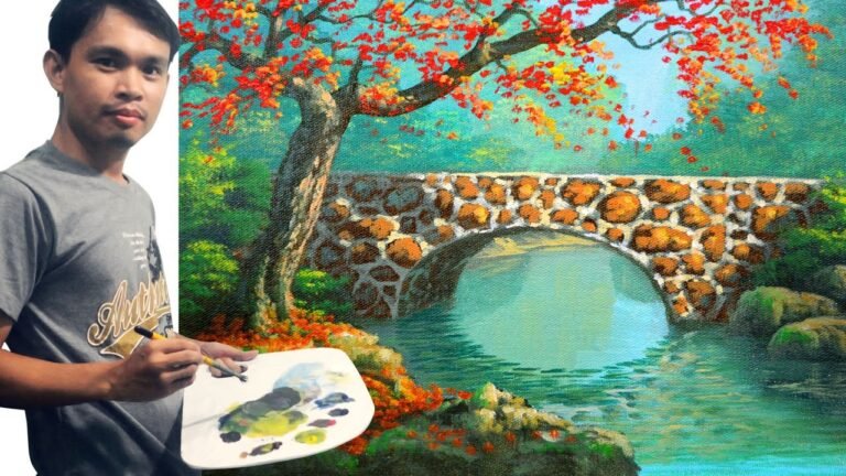 Acrylic Landscape Painting Tutorial Autumn with Red Tree on Concrete Bridge and River by JM Lisondra