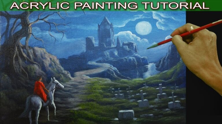 Acrylic Landscape Painting Tutorial Halloween Moon Rise over the Lady on Horse to the Castle