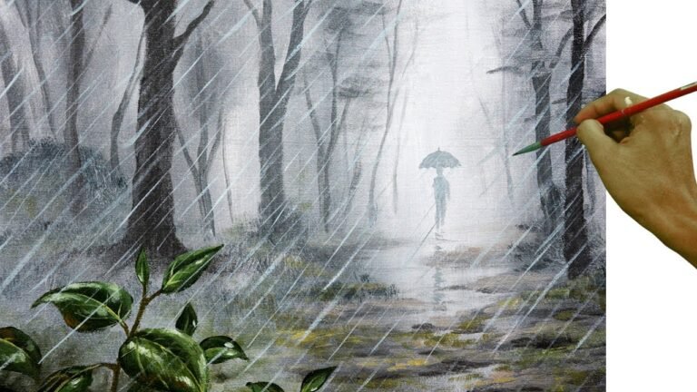 Acrylic Landscape Painting Tutorial | Man with Umbrella Walking in the Rain Forest for Beginners