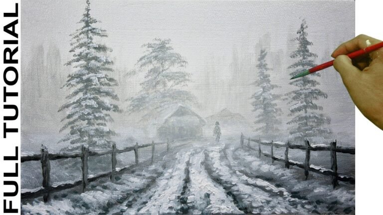 Acrylic Landscape Painting Tutorial Road to Misty Snow Village with Walking Man by JM Lisondra