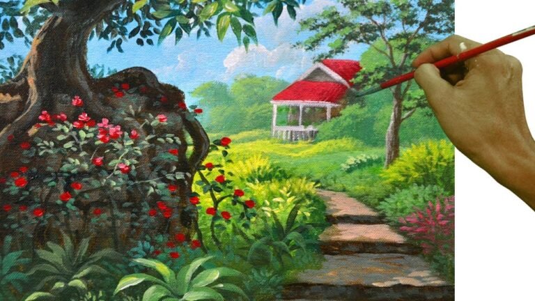 Acrylic Landscape Painting Tutorial The tree in the Flower Garden with Path to House by JM Lisondra