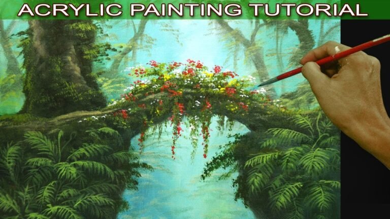 Acrylic Landscape Painting Tutorial Tropical Misty Forest with Hanging Plants, Flowers and Ferns