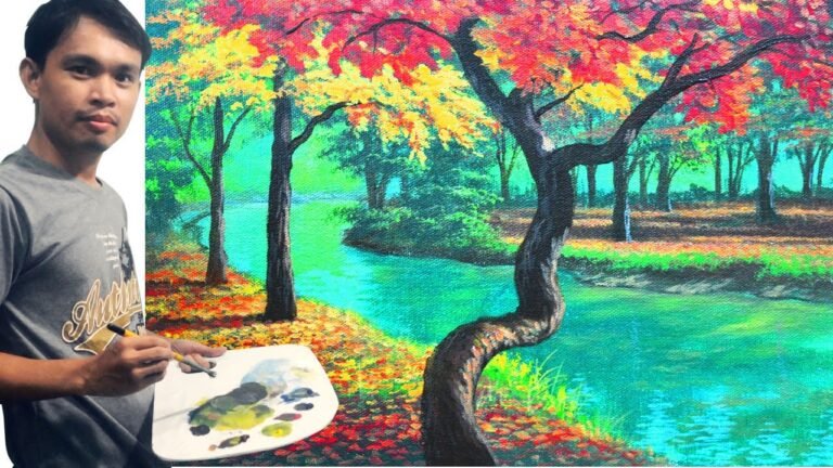 Acrylic Landscape Painting Tutorial on How to Paint Autumn Red Trees Beside the River by JM Lisondra