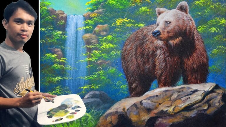 Acrylic Painting Tutorial Brown Bear on a Rock and the Waterfall by JM Lisondra