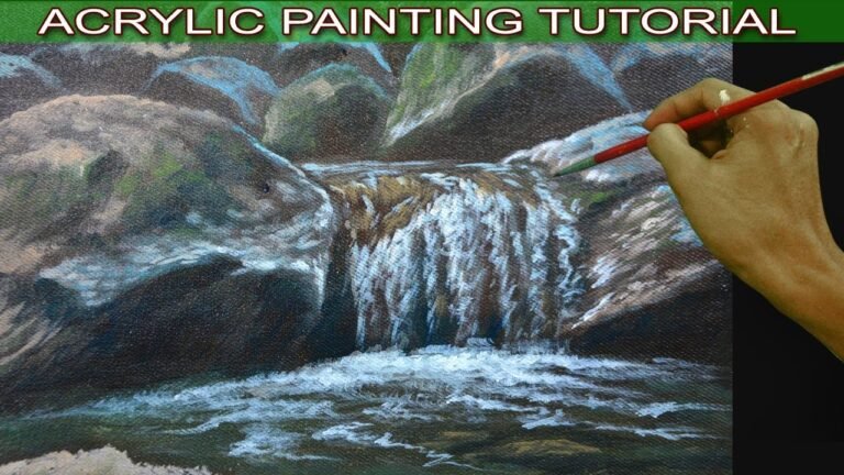 Acrylic Painting Tutorial How to Paint Realistic Close-Up Small Waterfall with Rocks in Forest River