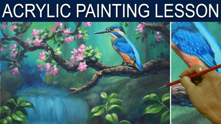 Acrylic Painting Tutorial Kingfisher Blue Bird on a Tree Branch with Flowers and Waterfall